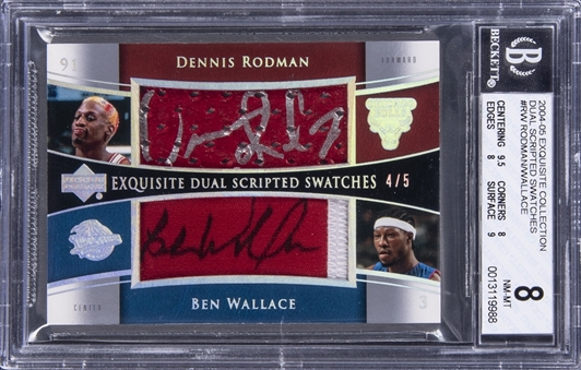 2004-05 UD "Exquisite Collection" Dual Scripted Swatches #RW Dennis Rodman/Ben Wallace Dual Signed Game Used Patch Card (#4/5) – BSG NM-MT 8/BGS 9
